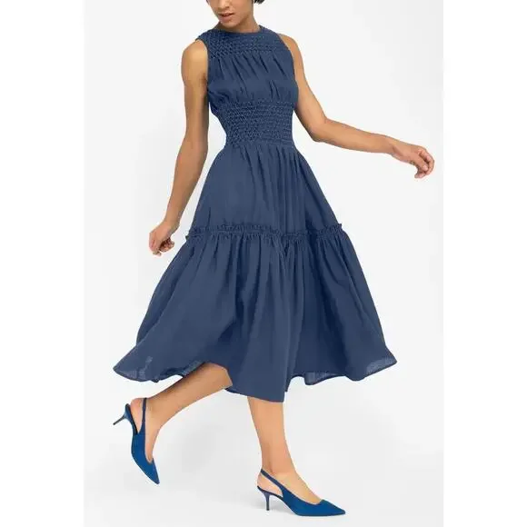 FANM MON Oren Indigo Navy Blue Linen Smocked Midi Dress Tuckernuck